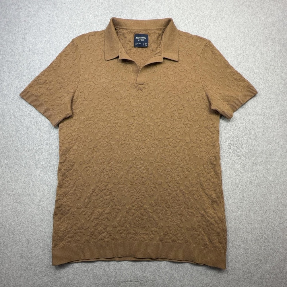 Abercrombie Fitch Sweater Polo Shirt Mens M Brown Floral Jacquard Knit Textured